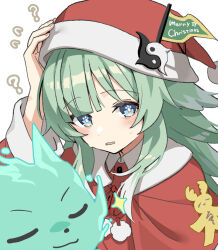 Rule 34 | 1girl, ?, arm up, blue eyes, blush, capelet, christmas, close-up, confused, creature, fingernails, flying sweatdrops, fox girl, green hair, hand on own head, hat, hat ornament, highres, honkai: star rail, honkai (series), huohuo (honkai: star rail), long hair, long sleeves, looking at viewer, merry christmas, nage (sacosui ng), neck ribbon, parted lips, pom pom (clothes), portrait, red capelet, red hat, red ribbon, ribbon, santa hat, sidelocks, simple background, solo, sparkle, spirit, sweatdrop, tail (honkai: star rail), white background, yin yang