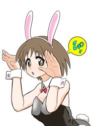 Rule 34 | 1girl, animal ears, black leotard, bow, bowtie, bright pupils, brown eyes, brown hair, collar, commentary, detached collar, fake animal ears, fake tail, girls und panzer, leaning forward, leotard, looking at viewer, maruyama saki, oekaki ojiisan, open mouth, playboy bunny, rabbit ears, rabbit pose, rabbit tail, red bow, red bowtie, short hair, simple background, solo, strapless, strapless leotard, tail, translated, white background, white collar, white pupils, wing collar, wrist cuffs