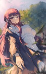 Rule 34 | 1girl, absurdres, artist name, black coat, blunt bangs, breasts, closed mouth, coat, commentary, cowboy shot, dress, dutch angle, english commentary, fern (sousou no frieren), highres, large breasts, long hair, long sleeves, minz (minh nguyen), purple eyes, purple hair, solo, sousou no frieren, sunset, tree, white dress