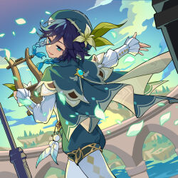 Rule 34 | 1boy, absurdres, aqua eyes, beret, black hair, blue hair, braid, cape, collared cape, feathers, flower, frilled sleeves, frills, genshin impact, gradient hair, green cape, green hat, green shorts, hat, hat flower, highres, holding, holding instrument, instrument, lyre, male focus, multicolored hair, pantyhose, shao (shaorouhong), shirt, short hair with long locks, shorts, solo, twin braids, venti (genshin impact), white flower, white shirt