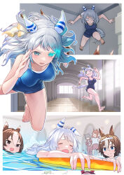 Rule 34 | 5girls, animal ears, bamboo memory (umamusume), bare legs, barefoot, blue eyes, blue one-piece swimsuit, blurry, blurry background, breasts, brown hair, character request, clenched teeth, closed mouth, commentary request, ear covers, glowing, glowing eye, grey hair, hair ornament, highres, hishi miracle (umamusume), horse ears, horse girl, horse tail, looking at another, medium breasts, medium hair, multicolored hair, multiple girls, multiple views, nabe puyo, nishino flower (umamusume), one-piece swimsuit, open mouth, partially submerged, pool, running, seiun sky (umamusume), short hair, smile, streaked hair, swimsuit, tail, teeth, toes, tracen swimsuit, umamusume, water, wavy mouth, white hair, yaeno muteki (umamusume)