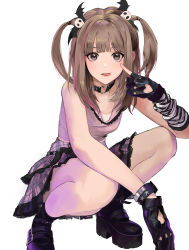 Rule 34 | 1girl, :p, absurdres, akanbe, bat wings, black eyes, black footwear, breasts, brown hair, checkered clothes, checkered skirt, choker, eyelid pull, finger to eye, fingernails, gloves, hair ornament, highres, long hair, looking at viewer, low twintails, minj kim, original, sidelocks, skirt, skull hair ornament, sleeveless, small breasts, solo, squatting, tongue, tongue out, twintails, white background, wings