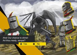 Rule 34 | 3boys, all-out attack, armor, atlus, belfry gargoyle, dark souls (series), dark souls i, english text, from software, helmet, kayinworks, knight, knight lautrec of carim, knight of astora oscar, male focus, medieval, monster, multiple boys, parody, persona, persona 4, solaire of astora, sword, weapon, wings