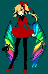 Rule 34 | 1girl, :3, aqua background, black pantyhose, blonde hair, closed mouth, dress, fang, fang out, flandre scarlet, flat color, full body, hair between eyes, hair ribbon, high contrast, high heels, highres, laevatein (tail), long hair, long sleeves, mise yuzuki, pantyhose, red dress, red eyes, red footwear, red ribbon, ribbon, short dress, side ponytail, simple background, smile, solo, standing, stiletto heels, tail, touhou, wings