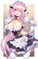Rule 34 | 1girl, blue eyes, breasts, cleavage, commentary request, covered navel, elysia (honkai impact), elysia (miss pink elf) (honkai impact), gloves, hair between eyes, heart, highres, honkai (series), honkai impact 3rd, horns, large breasts, long hair, looking at viewer, maid, maid headdress, one eye closed, open mouth, pink hair, pointy ears, shinozuka atsuto, solo, thighhighs, tongue