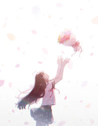 Rule 34 | 1girl, arms up, black sailor collar, black skirt, blunt bangs, bouquet, brown hair, catching, cowboy shot, expressionless, falling, floating hair, flower, from side, highres, long hair, looking up, necojishi, orange flower, original, outstretched arms, parted lips, petals, pink flower, pleated skirt, profile, red flower, red ribbon, red rose, ribbon, rose, sailor collar, school uniform, shirt, short sleeves, simple background, skirt, solo, straight hair, thighs, uniform, very long hair, white background, white flower, white shirt