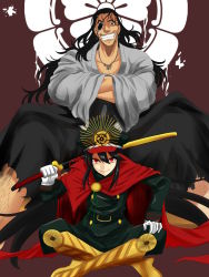Rule 34 | 10s, 1boy, 1girl, absurdres, black hair, cape, crest, crossover, drifters, earrings, eyepatch, facial hair, family crest, fate/grand order, fate (series), gloves, grin, hat, highres, japanese clothes, jewelry, katana, koha-ace, long hair, manly, military, military uniform, name connection, necklace, oda nobunaga (drifters), oda nobunaga (fate), oda nobunaga (koha-ace), rakku (10219563), red eyes, smile, sword, uniform, weapon, white gloves