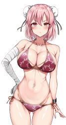 Rule 34 | 1girl, :&lt;, absurdres, alternate costume, amagi (amagi626), bandaged arm, bandages, bare shoulders, bikini, blush, breasts, chain, cleavage, collarbone, cowboy shot, cuffs, double bun, hair bun, hand on own hip, highres, ibaraki kasen, large breasts, looking at viewer, navel, pink eyes, pink hair, red bikini, shackles, short hair, simple background, solo, standing, stomach, swimsuit, thighs, thong, touhou, v-shaped eyebrows, vine print, white background