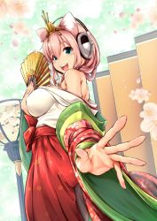 Rule 34 | 1girl, animal ears, blush, breasts, cat ears, hand fan, ganari ryuu, green eyes, headphones, headset, highres, japanese clothes, kimono, large breasts, long hair, looking at viewer, looking back, off shoulder, open mouth, original, pink hair, smile, solo, super tama musume, tamatoys