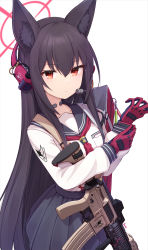 Rule 34 | 1girl, absurdres, animal ear fluff, animal ears, artist name, assault rifle, basa rutan, blue archive, commentary request, cowboy shot, fox ears, gloves, gun, halo, headphones, headset, highres, holding, holding gun, holding weapon, long hair, looking at viewer, looking to the side, m4 carbine, pleated skirt, rifle, school uniform, simple background, skirt, solo, standing, very long hair, weapon, white background, yukino (blue archive)