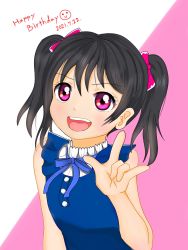 Rule 34 | 1girl, artist name, artist request, black hair, blue dress, blue ribbon, blush, bow, breasts, dress, female focus, flat chest, frilled dress, frilled shirt collar, frills, hair between eyes, hair bow, highres, long hair, looking at viewer, love live!, love live! school idol festival, love live! school idol project, m/, neck ribbon, nico nico nii, parted lips, pink bow, red eyes, ribbon, short hair, short twintails, sleeveless, sleeveless dress, small breasts, smile, solo, twintails, upper body, yazawa nico