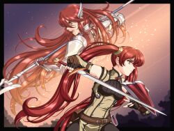 Rule 34 | 1990s (style), 2girls, armor, black border, black gloves, border, breasts, commentary request, cordelia (fire emblem), detached sleeves, fingerless gloves, fire emblem, fire emblem awakening, gloves, head wings, highres, holding, holding polearm, holding sword, holding weapon, long hair, medium breasts, mother and daughter, multiple girls, night, night sky, nintendo, open mouth, polearm, red eyes, red hair, retro artstyle, severa (fire emblem), sirknightbot, sky, star (sky), sword, teeth, twintails, upper teeth only, weapon, wings