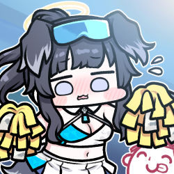 Rule 34 | 1boy, 1girl, animal ears, doodle sensei (blue archive), bare shoulders, black hair, blue archive, blue background, blunt bangs, blush, breasts, cheerleader, chibi, cleavage, crop top, dog ears, dog girl, dog tail, eyewear on head, flying sweatdrops, goggles, goggles on head, halo, hibiki (blue archive), hibiki (cheer squad) (blue archive), jazz jack, long hair, looking at viewer, lowres, midriff, millennium cheerleader outfit (blue archive), navel, nose blush, open mouth, pleated skirt, pom pom (cheerleading), sensei (blue archive), skirt, solo, sunglasses, tail, twintails, wavy mouth
