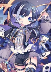 Rule 34 | 1boy, :&lt;, black hair, black nails, black shorts, blue eyes, blush, cape, commentary, dagger, earrings, hair ornament, hairclip, heterochromia, hyou (pixiv3677917), jewelry, knife, long sleeves, male focus, multicolored hair, original, pointy ears, puffy long sleeves, puffy sleeves, shorts, skull hair ornament, solo, streaked hair, symbol-only commentary, weapon, white hair