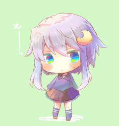 Rule 34 | 1girl, black skirt, blue eyes, blue hair, blue shirt, blue socks, blush, brown footwear, chibi, closed mouth, crescent, crescent hair ornament, full body, green background, hair between eyes, hair ornament, head tilt, kantai collection, kneehighs, kou hiyoyo, long sleeves, looking at viewer, pleated skirt, shirt, short hair with long locks, skirt, socks, solo, standing, sweat, translation request, yayoi (kancolle)
