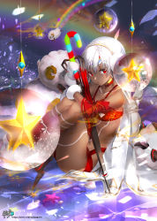 Rule 34 | 1girl, absurdres, altera (fate), altera the santa (fate), animal, bare shoulders, blush, boots, candy, candy cane, collarbone, commentary request, dark-skinned female, dark skin, detached sleeves, earmuffs, fate/grand order, fate (series), food, fur-trimmed mittens, fur trim, highres, hugging own legs, kyjsogom, long sleeves, mittens, red eyes, red footwear, sheep, silver hair, sitting, solo, star (symbol), veil, watermark, web address, white mittens
