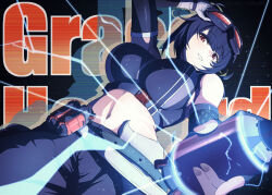 1girl absurdres arm_up belt black_hair black_pants black_tank_top breasts character_name crop_top electricity explosive from_below goggles goggles_on_head grace_howard grenade highres holding holding_grenade kaiju_ryoku large_breasts looking_at_viewer midriff navel pants parted_lips red_eyes solo stomach tank_top zenless_zone_zero