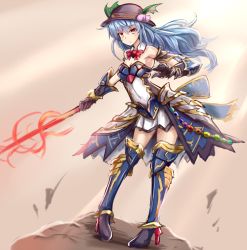 Rule 34 | 1girl, alternate costume, armor, armored dress, bare shoulders, blue hair, boots, commentary request, detached collar, detached sleeves, dress, food, fruit, gauntlets, hat, high heel boots, high heels, hinanawi tenshi, long hair, armored boots, metal gloves, overskirt, peach, red eyes, solo, strapless, strapless dress, sumapan, sword of hisou, thigh boots, thighhighs, thighs, touhou, very long hair, zettai ryouiki