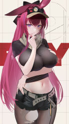 Rule 34 | 1girl, animal ears, arknights, black shirt, black shorts, breasts, closed mouth, covered erect nipples, crop top, fake animal ears, gloves, highres, inverted nipples, large breasts, long hair, looking at viewer, navel, omone hokoma agm, pantyhose, purple eyes, rabbit ears, rabbit girl, ray (arknights), shirt, shorts, simple background, solo, steaming body, very long hair, visor cap