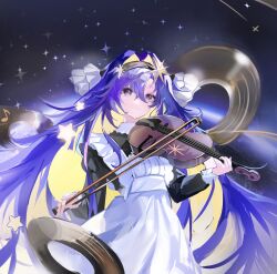Rule 34 | 1girl, absurdres, apron, blue hair, bow (music), character request, check character, hair between eyes, hair intakes, hair ornament, highres, holding, holding bow (music), holding instrument, instrument, long hair, looking at viewer, maid, maid apron, maid headdress, music, musical note, night, night sky, playing instrument, reverse:1999, shooting star, sky, smile, solo, star (sky), star (symbol), star hair ornament, twintails, upper body, very long hair, violin, voyager (reverse:1999), yl (xh176)