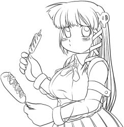 Rule 34 | 1girl, blush, collared shirt, detached sleeves, food, greyscale, hair ornament, hairpin, holding, holding food, long hair, long sleeves, looking away, looking up, monochrome, os-tan, shirt, simple background, skirt, sleeveless, sleeveless shirt, solo, upper body, white background, xp-tan