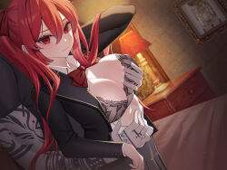 Rule 34 | 1boy, 1girl, arm tattoo, arm up, bow, bowtie, bra, breasts, cleavage, dark-skinned male, dark skin, groping, highres, jacket, lamp, large breasts, lichiko, long hair, long sleeves, looking at viewer, official art, on bed, open clothes, open jacket, open shirt, original, red bow, red bowtie, red eyes, red hair, school uniform, short sleeves, solo focus, tattoo, twintails, underwear