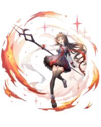Rule 34 | 1girl, animal ears, arknights, black footwear, black thighhighs, brown hair, casting spell, dress, eyjafjalla (arknights), fire, goat ears, goat horns, highres, holding, holding staff, horns, looking to the side, open mouth, pyrokinesis, red eyes, shano dongxi, sparkle, staff, thighhighs, white background
