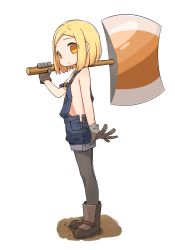 Rule 34 | 1girl, :&lt;, axe, blonde hair, boots, fate/grand order, fate (series), flat chest, full body, gloves, highres, kei (soundcross), naked overalls, overalls, oversized object, pantyhose, paul bunyan (fate), paul bunyan (third ascension) (fate), short hair, solo, strap slip, weapon, white background, yellow eyes