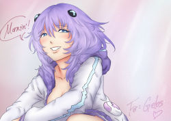 Rule 34 | 10s, 1girl, blue eyes, blush, braid, breasts, clenched teeth, commentary request, d-pad, d-pad hair ornament, djayo, english text, female focus, hair between eyes, hair ornament, jacket, large breasts, long sleeves, looking at viewer, neptune (neptunia), neptune (series), purple hair, purple heart (neptunia), solo, symbol-shaped pupils, teeth, twin braids