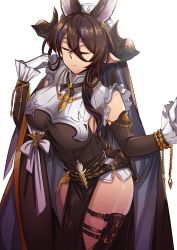 Rule 34 | 1girl, absurdres, animal ears, asymmetrical clothes, asymmetrical hair, breasts, brown hair, closed eyes, cowboy shot, detached sleeves, expressionless, extra ears, frilled sleeves, frills, galleon (granblue fantasy), gloves, granblue fantasy, highres, horns, large breasts, long hair, multicolored hair, pelvic curtain, pointy ears, shiny skin, solo, streaked hair, thighs, very long hair, wakkiau