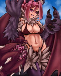 Rule 34 | 1girl, animal ear fluff, animal ears, animal hands, artist request, bat wings, bikini, breasts, claws, cleavage, fangs, highres, large breasts, looking at viewer, manticore (monster girl encyclopedia), midriff, monster girl, monster girl encyclopedia, open mouth, pink eyes, pink hair, sky, solo, swimsuit, tail, tongue, wings