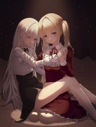 Rule 34 | 2girls, absurdres, blonde hair, blood, blood on face, feet out of frame, highres, long hair, lower teeth only, multiple girls, one eye closed, original, parted lips, red eyes, tearing up, teeth, twintails, white hair, yellow eyes, yeolyeo, yuri