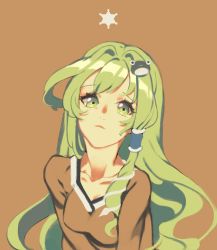 Rule 34 | 1girl, bad id, bad pixiv id, brown background, casual, cheong ha, frog hair ornament, green eyes, green hair, hair ornament, hair tubes, kochiya sanae, long hair, matching hair/eyes, snake hair ornament, solo, touhou