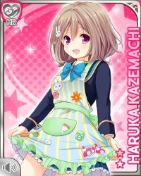 Rule 34 | 1girl, :d, apron, blazer, blue bow, blue jacket, blue skirt, blush, bow, bowtie, brown hair, rabbit hair ornament, cardigan, character name, girlfriend (kari), hair ornament, hairclip, jacket, kazemachi haruka, long sleeves, looking at viewer, official art, open mouth, pink background, pink eyes, plaid, plaid skirt, qp:flapper, school uniform, short hair, skirt, smile, solo, tareme, treble clef