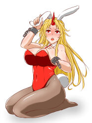 Rule 34 | 1girl, alternate costume, animal ears, blonde hair, blush, breasts, commentary request, cuffs, detached collar, fake animal ears, fake tail, highres, horns, hoshiguma yuugi, large breasts, leotard, long hair, looking up, necktie, open mouth, pantyhose, playboy bunny, rabbit ears, rabbit tail, red eyes, red leotard, red necktie, seiza, shackles, shiraue yuu, single horn, sitting, solo, star (symbol), sweat, tail, teeth, touhou, upper teeth only, v-shaped eyebrows, white background