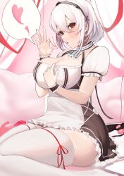 Rule 34 | 1girl, anchor choker, apron, azur lane, breasts, cafenami, cleavage, dildo, fellatio gesture, heart, highres, large breasts, looking at viewer, maid, maid headdress, ok sign, puffy short sleeves, puffy sleeves, red eyes, scrunchie, sex toy, short sleeves, sirius (azur lane), sitting, spoken heart, thighhighs, waist apron, wariza, white apron, white hair, white scrunchie, white thighhighs, wrist scrunchie