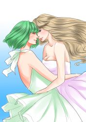 Rule 34 | 2girls, absurdres, backless dress, backless outfit, bad id, bad pixiv id, blonde hair, blue eyes, blush, breasts, cleavage, couple, dress, closed eyes, green hair, highres, hug, long hair, macross, macross frontier, multiple girls, ranka lee, sheryl nome, strapless, strapless dress, wa-me, yuri