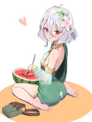 Rule 34 | 1girl, :d, absurdres, amigo (hua cao), antenna hair, asymmetrical clothes, bag, bare legs, barefoot, blush, breasts, commentary, detached sleeves, dress, elf, english commentary, feet, flower, food, from behind, fruit, fruit cup, full body, green dress, hair between eyes, hair flower, hair ornament, heart, highres, holding, holding spoon, kokkoro (princess connect!), leaf, long sleeves, looking at viewer, looking back, open mouth, pointy ears, princess connect!, red eyes, satchel, short hair, silver hair, single bare shoulder, sitting, small breasts, smile, soles, solo, spoon, toes, wariza, watermelon, white flower