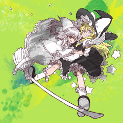 Rule 34 | 2girls, alternate color, alternate hair color, bad id, bad pixiv id, blonde hair, bow, broom, broom riding, broom surfing, concealed the conclusion, female focus, foreshortening, gloves, grin, hair bow, hakurei reimu, hat, hug, kimimaru, kirisame marisa, multiple girls, one eye closed, smile, star (symbol), touhou, white hair, wink, witch, witch hat