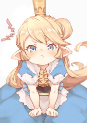 Rule 34 | 1girl, :t, absurdres, angry, bare arms, blonde hair, blue dress, blue eyes, charlotta (granblue fantasy), commentary, crown, dress, frown, granblue fantasy, harvin, highres, jingai modoki, light blush, long hair, looking at viewer, pointy ears, pout, puffy short sleeves, puffy sleeves, short sleeves, simple background, solo, swept bangs, tall crown, v-shaped eyebrows, white background