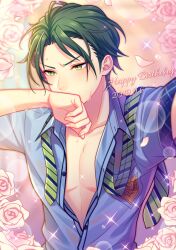 Rule 34 | 1boy, blush, buttons, chiyu (silverxxxx), collared shirt, comic world (ensemble stars!), commentary request, covered mouth, covering own mouth, dated, diagonal-striped clothes, diagonal-striped necktie, ensemble stars!, fingernails, flower, green eyes, green hair, hand up, happy birthday, hasumi keito, male focus, necktie, official alternate costume, open collar, partially unbuttoned, petals, pink flower, pink rose, rose, shirt, short hair, solo, striped clothes, two-tone necktie, upper body