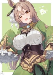 Rule 34 | 1girl, :d, animal ears, blush, bow, breasts, brown eyes, brown hair, commentary, corset, ear ribbon, frilled sleeves, frills, green background, green ribbon, green sleeves, highres, horse ears, horse girl, kanno esuto, large breasts, long hair, looking at viewer, open mouth, ribbon, satono diamond (umamusume), signature, sleeves past fingers, sleeves past wrists, smile, solo, teeth, two-tone background, umamusume, upper teeth only, white background