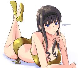 Rule 34 | 1girl, alternate costume, amagami, ass, bikini, black hair, black hairband, blue eyes, breasts, closed mouth, commentary request, curly hair, dated, drill hair, gold bikini, hairband, highres, long bangs, long hair, looking at viewer, lying, medium breasts, mitojyaneeeeyo, morishima haruka, on stomach, shoes, smile, solo, string bikini, swimsuit, the pose, twitter username, white background