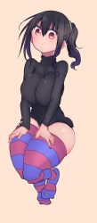 Rule 34 | 1girl, absurdres, beige background, black hair, black sweater, blue thighhighs, blush, breasts, colored eyelashes, commentary request, cool-kyou shinja, covered collarbone, dot nose, full body, hair between eyes, hands on own thighs, highres, huge breasts, invisible chair, komori-san wa kotowarenai!, komori shuri, legs, legs together, long sleeves, looking at viewer, medium hair, multicolored clothes, multicolored legwear, narrow waist, no shoes, official art, ponytail, purple thighhighs, red eyes, sitting, solo, striped clothes, striped thighhighs, sweater, thick thighs, thighhighs, thighs, toes, turtleneck, turtleneck sweater, two-tone legwear, wide-eyed, wrists extended