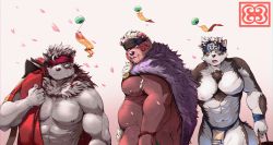 Rule 34 | 3boys, abs, absurdres, animal ears, bara, bare pectorals, bear boy, belly, brown fur, bulge, character request, chest hair, distracted boyfriend (meme), eru (eruprior), eyepatch, fangs, frown, furry, furry male, furry with furry, grey fur, grey hair, headband, highres, horkeu kamui, large pectorals, male focus, mature male, meme, multiple boys, muscular, muscular male, navel, nipples, parody, pectorals, pelvic curtain, petals, revealing clothes, short hair, stomach, tail, thick thighs, thighs, tokyo houkago summoners, two-tone fur, white fur, wolf boy, wolf ears, wolf tail, yaoi, yellow eyes