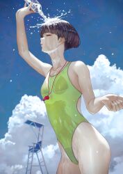 Rule 34 | 1girl, bottle, closed eyes, cloud, collarbone, competition swimsuit, contrapposto, day, from below, highres, kaoming, one-piece swimsuit, original, outdoors, see-through one-piece swimsuit, see-through swimsuit, shakujii tsubasa, short hair, sky, swimsuit, water, wet, whistle