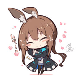 Rule 34 | 1girl, ^ ^, amiya (arknights), animal ear fluff, animal ears, arknights, beni shake, black jacket, black pantyhose, blue skirt, blush stickers, brown hair, character doll, chibi, closed eyes, closed mouth, commentary request, doctor (arknights), full body, grey shirt, heart, jacket, long hair, long sleeves, notice lines, hugging object, open clothes, open jacket, pantyhose, pleated skirt, ponytail, rabbit ears, shirt, sidelocks, signature, skirt, smile, solo, standing, translation request, very long hair, white background