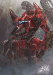 Rule 34 | armored core, clenched hand, dust, gun, highres, holding, holding gun, holding weapon, hukutuuprunes, leaning forward, mecha, nineball seraph, no humans, rain, robot, science fiction, signature, solo, weapon