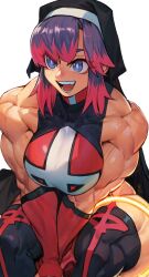 Rule 34 | 1girl, breasts, choker, ericmartindood, fang, gloves, highres, large breasts, looking to the side, multicolored hair, muscular, muscular female, nun, open mouth, original, pink hair, purple eyes, purple hair, smile, solo, thick thighs, thighhighs, thighs, white background
