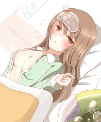 Rule 34 | 1girl, bed, blush, breasts, brown eyes, brown hair, bucket, cleavage, collared shirt, commentary request, door, fever, green pajamas, green shirt, hair between eyes, highres, ice, ice cube, ice pack, long hair, long sleeves, lying, medium breasts, non (wednesday-classic), on back, open clothes, open shirt, original, pajamas, parted lips, pillow, shirt, sick, solo, sweat, under covers, water